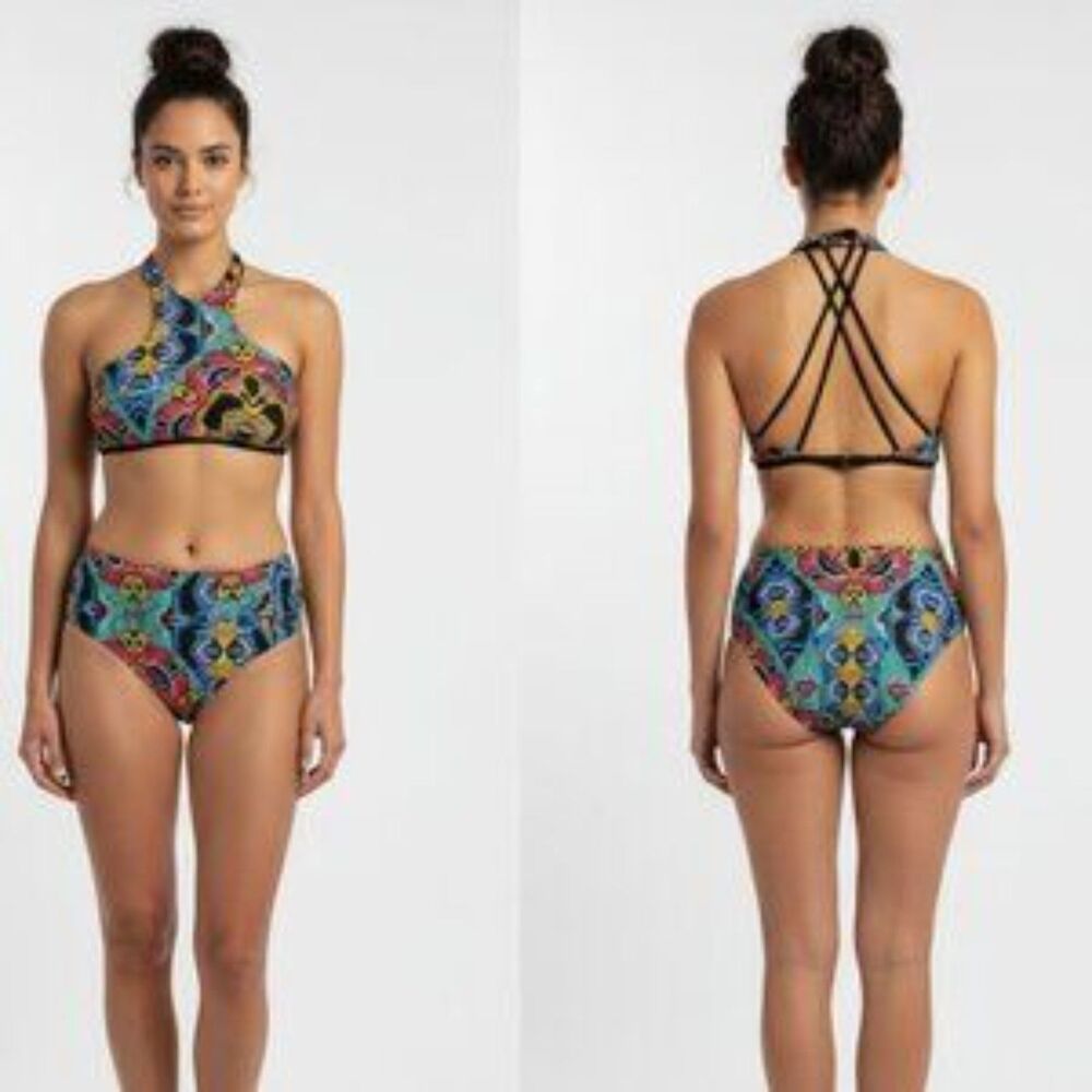 L*Space Multi Color Strappy Halter Bikini Swim Top M Medium